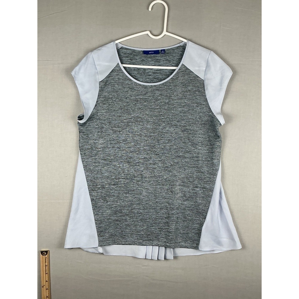 Apt 9 Womens Blouse Top Medium Gray White Short Sleeve Pleated Hem